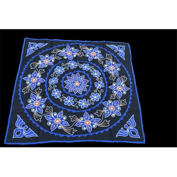 OMTX3122-BlkB Mandala Appliqué Tapisserie Boho pour Décoration Murale - Noir & Bleu