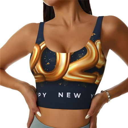 Adobk 2025 Happy New Year 6 Print Sports Bras for Women Longline Workout Crop Tank Tops Padded with Built in Shelf Padded Sports Bra-XX-Large