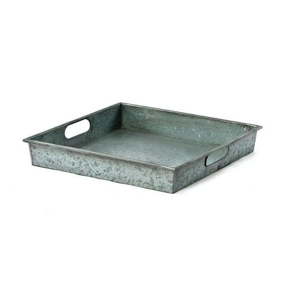Benjara 15" Square Transitional Galvanized Metal Tray with Handle in Gray