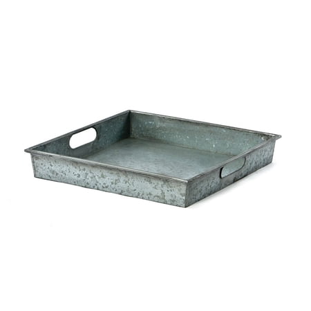 Benjara Benzara Square Galvanized Metal Tray With Handle- Gray