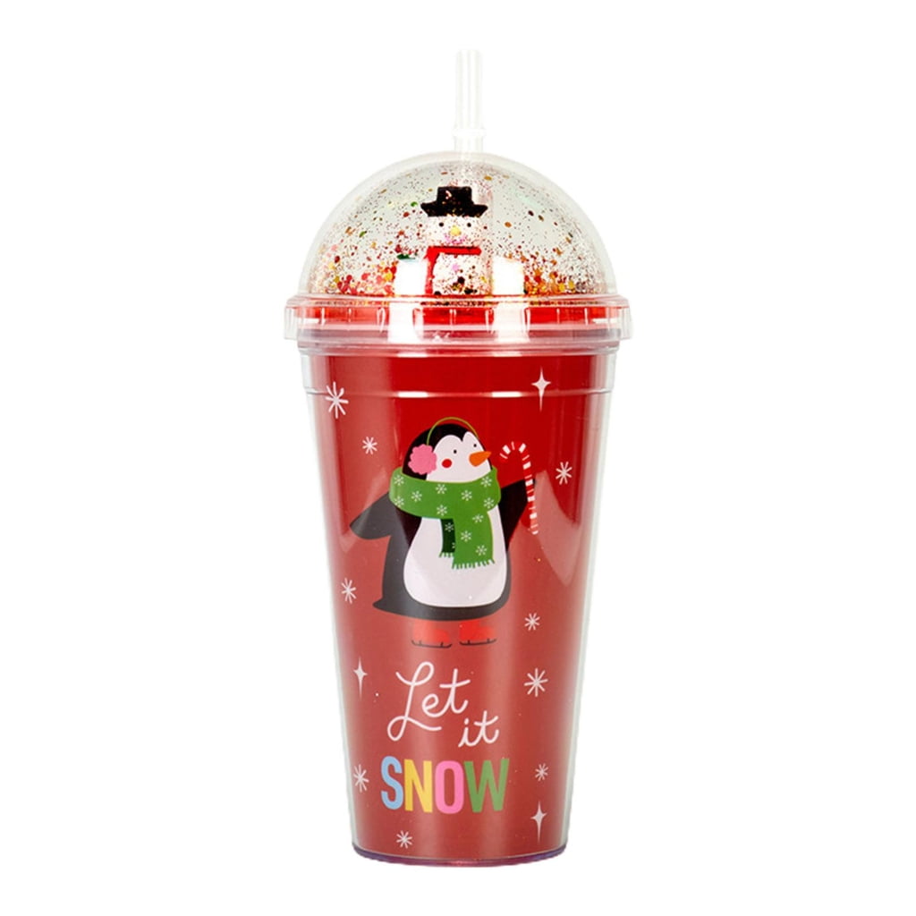 MINISO Christmas Double Wall Cup with Straw 480mL Premium  Plastic Tumbler with Lid, Ideal for Cold Drinks - Stylish and Durable -  Perfect for Christmas Celebrations: Tumblers & Water Glasses