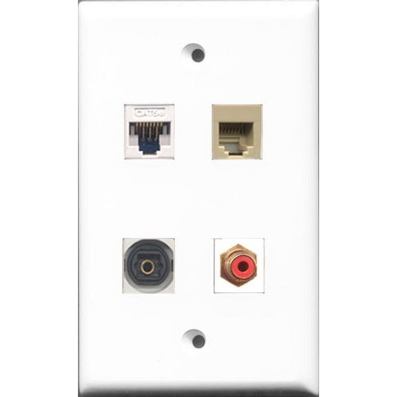 RiteAV 1 Port RCA Red and 1 Port Phone RJ11 RJ12 Beige and 1 Port Toslink and 1 Port Cat5e Ethernet White Wall Plate