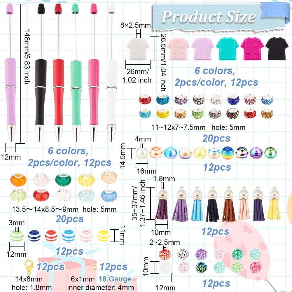 12 Sets Beadable Pens Set Shirt Series Bead Pens Nurse Shirt Theme Plastic Beads Pen DIY Making Kit Include Beads Tassel Pendants Jewelry Findings for DIY Crafts Office Supplies - 6 Colors colorful
