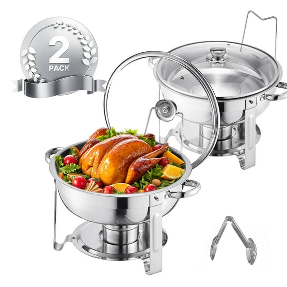 KFFKFF 2 Pack Round Chafing Dish, 5QT Stainless Steel Buffet Serving Set, with 2 Full-Sized Trays, Glass-Lid, Water Tray, Stand, and Fuel Container for Home Party, Buffets, Wedding, Banquet, Catering