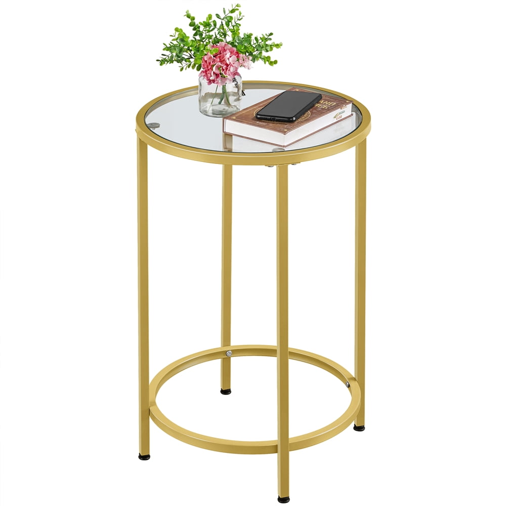 Alden Design Round Metal End Table with Glass Top for Livingroom, Gold