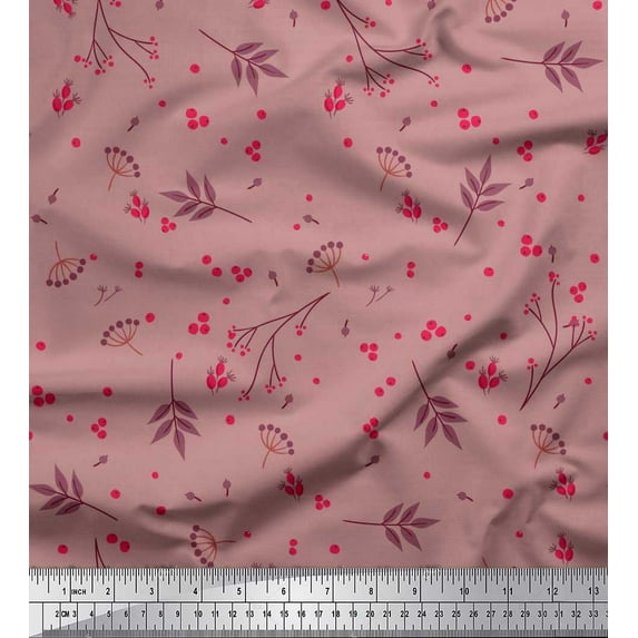 Soimoi Pink Velvet Fabric Leaves & Berries Fruits Print Fabric by the Yard 58 Inch Wide