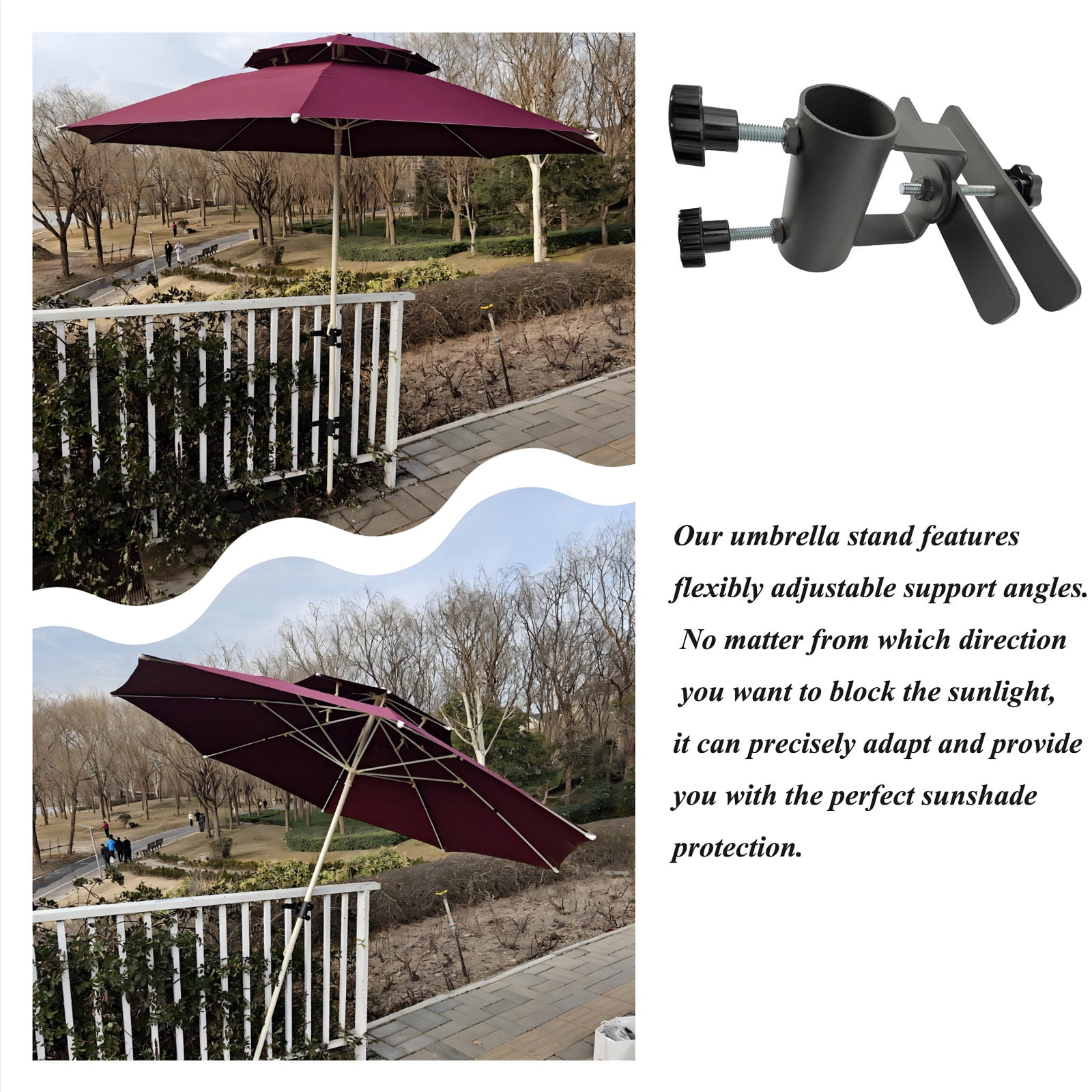 2Pcs Heavy-Duty Adjustable Patio Umbrella Holder, Outdoor Metal Clamp Umbrella Base and Stand for Fixed Deck Railings and Poles