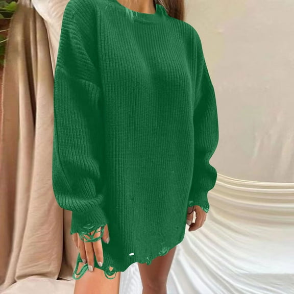 Zedker Casual Crewneck Long Sleeve Soft Cable Knitted Sweaters for Women,Warm Thigh Length Fashion Sweatshirts with Ribbed Cuffs,Green,L