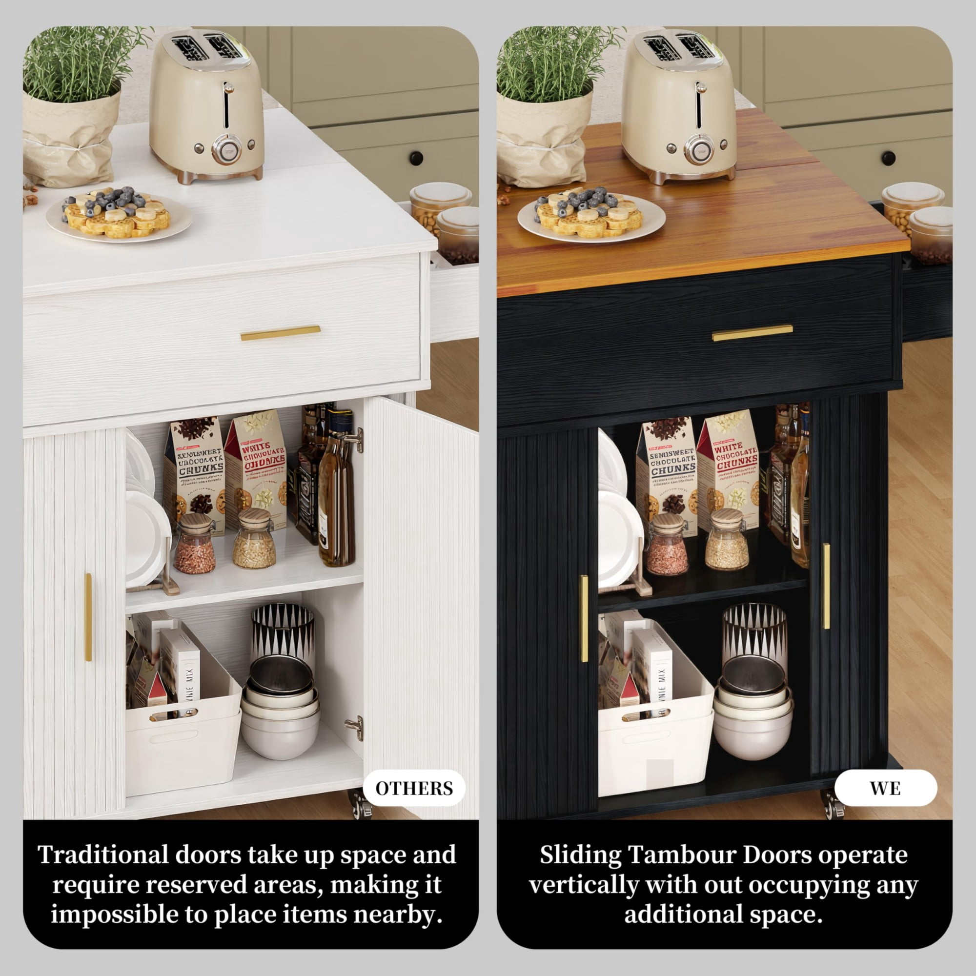Rolling Kitchen Island Cart with Drop Leaf, Mobile Kitchen Cart on Wheels with Sliding Door, Drawer & Storage Rack, Black