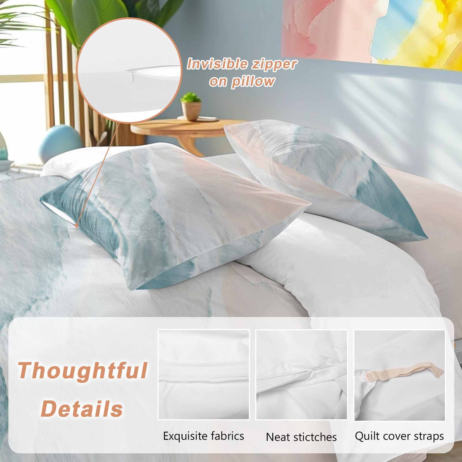 Beach Blue Queen Duvet Cover Set, Beige Gradient Ocean Wave Seaside Scenery 4 Piece Microfiber Bedding Set with Zipper Closure, Bed Sheet and 2 Pillow Shams, Soft Bedding Cover