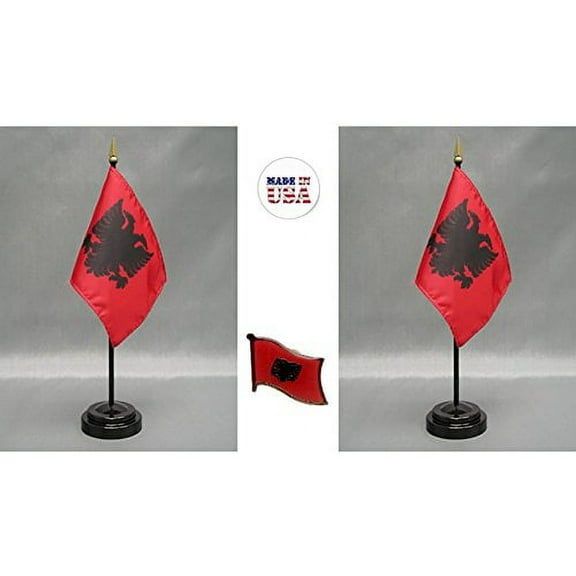 Made in The USA. 2 Albania Rayon 4"x6" Miniature Office Desk & Little Hand Waving Table Flags Includes 2 Flag Stands & 2 Small Mini Albanian Stick Flags, Also Includes Albania Flag Lapel Pin.