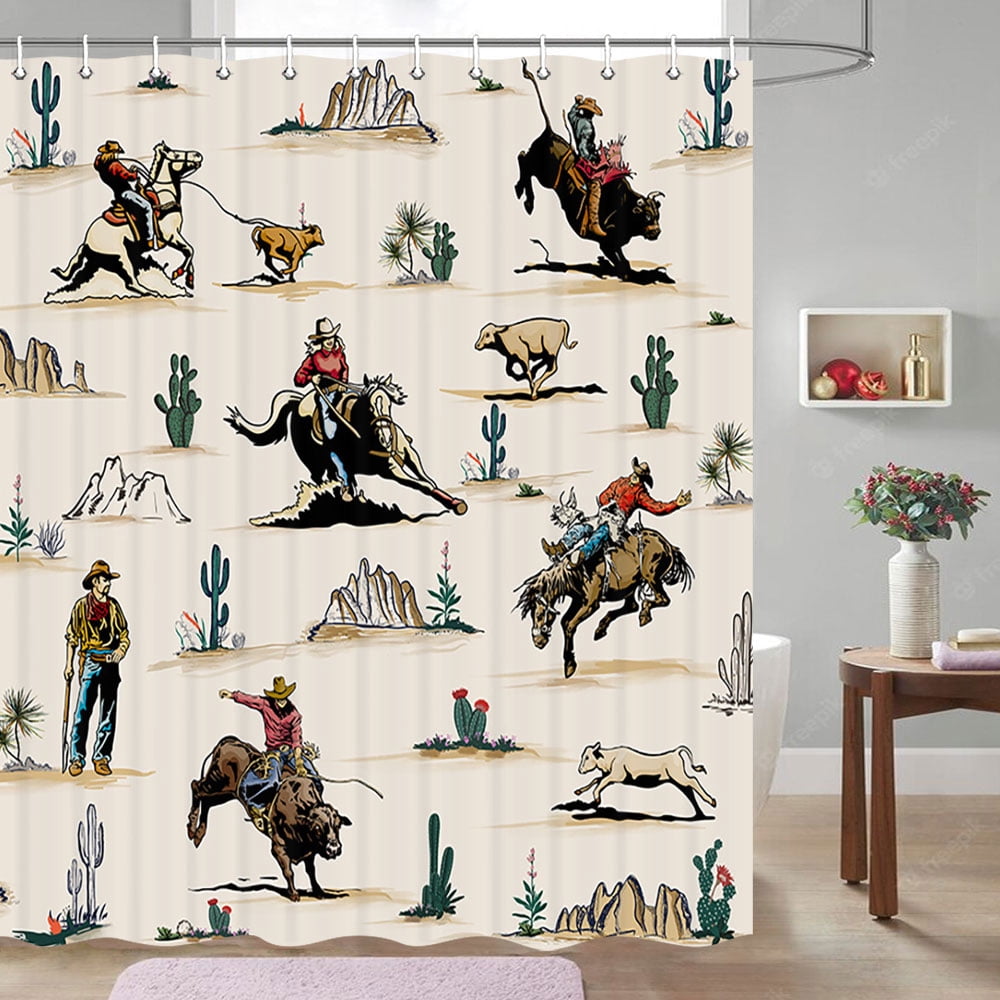 Western Shower Curtain, Farmhouse Country American West Western Shower Curatain, Wild West Cowboy Horse Bathroom Accessories Set with Hooks, 72X75inch, Beige