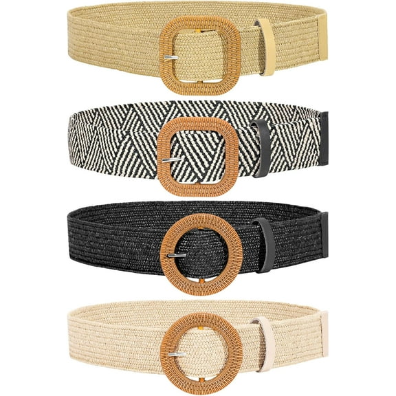 4pcs Straw Woven Belts Elastic Stretch Rattan Buckle Waist Belt Women Skinny Raffia Dress Waist Band