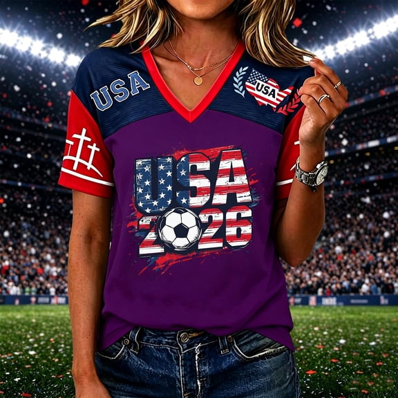 Womens Raglan Sleeve Soccer Shirt, Patriotic USA Flag Printed Short Sleeve Athletic Jerseys, Dark Purple XXL