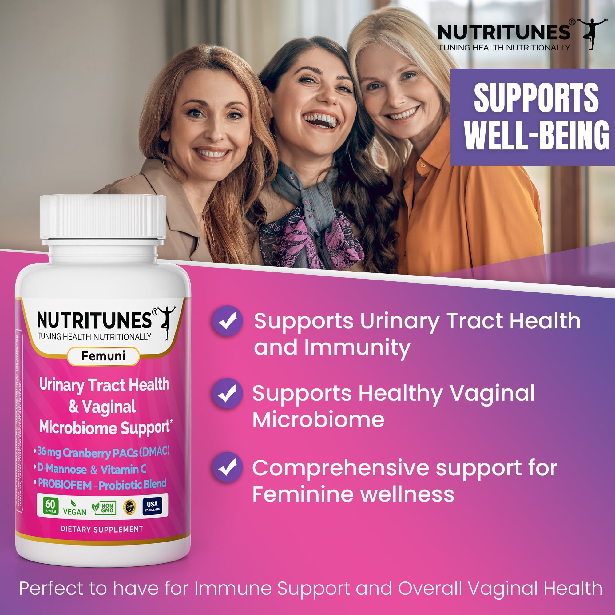 Femuni UTH Urinary Tract Health Supplement for Women – 36mg Cranberry PACs, D-Mannose, Probiotics & Vitamin C – Supports Urinary & Vaginal Health, pH Balance & Immune Support – 60 Capsules
