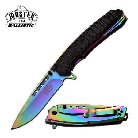 SPRING ASSISTED FOLDING POCKET KNIFE Rainbow Chrome Blade Black Tactical