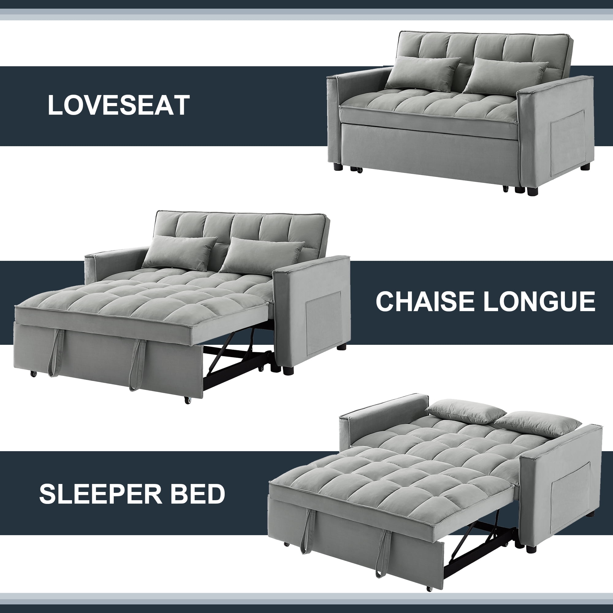 Muumblus 55" Pull Out Futon Sofa Bed, Convertible Sleeper Loveseat with Adjsutable Backrest, Modern Velvet Couch for apartment, Grey