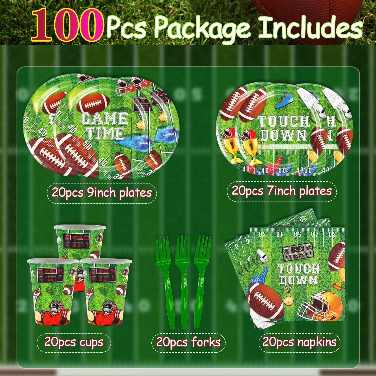 20 Guests Football Party Supplies Dinnerware Set for the Big Game Day  Football Birthday Touch Down Cups Forks Plates and Napkins for Football  Tailgate