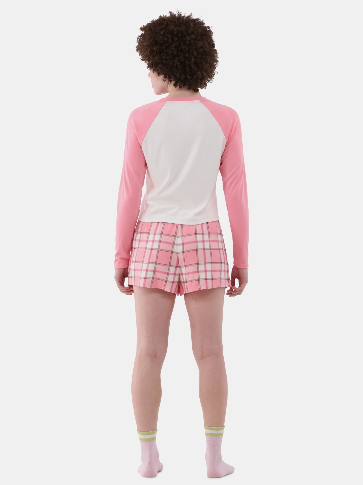 No Boundaries Long Sleeve Tee and Flannel Shorts Pajama Set, 2-Piece, Women’s and Women’s Plus