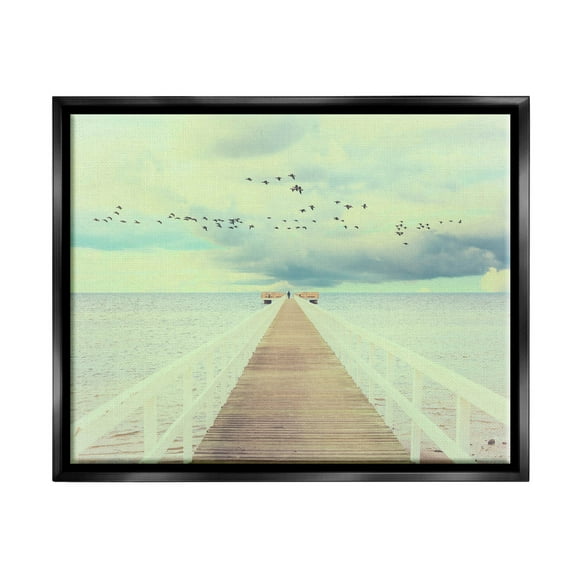 Distant Dock Peaceful Coast Shore Coastal Photograph Jet Black Framed Art Print Wall Art