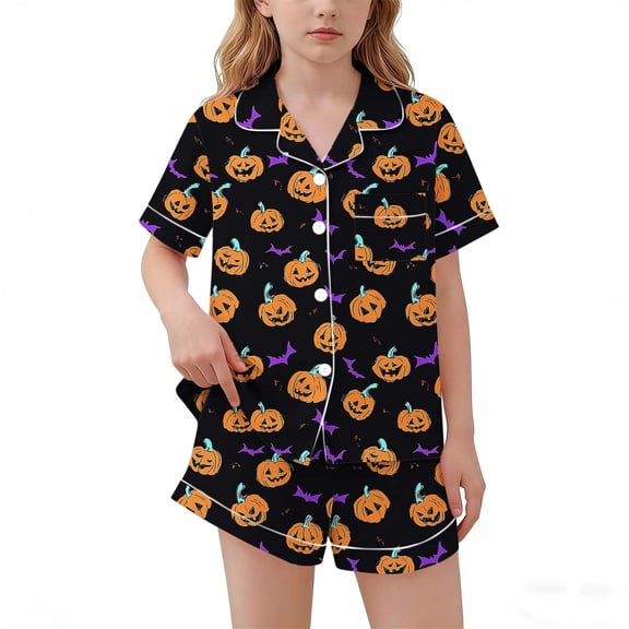 Mifsaly Big Girls 2 Piece Pajama Sets Halloween Pumpkin Graphic Short Sleeve Button Down Shirts and Shorts Kids Soft Comfortable Sleepwear Holiday Outfits