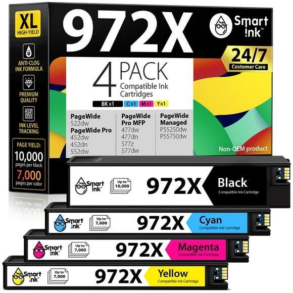 Smart Ink Compatible Ink Cartridges Replacement for HP 972X 972 X (4 Pack Combo) to use with PageWide Pro 477dw 577dw 452dw 477dn 452dn 577z 552dw P55250dw Printers (Bla