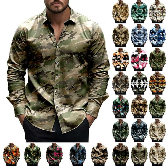 BiZtdJrK Long Sleeve Shirts for Men Casual Trendy Lapel Camo Printed Blouse Regular Fit Button Down Shirts 2025 Outdoor Work Tops Camouflage XXL Limited Time Sale