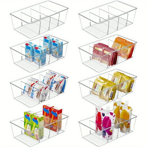 8 Pack Clear Plastic Vtopmart Food Storage Organizer Bins For Pantry, Kitchen, Fridge, Cabinet Organization And Storage With 4 Compartment Holder