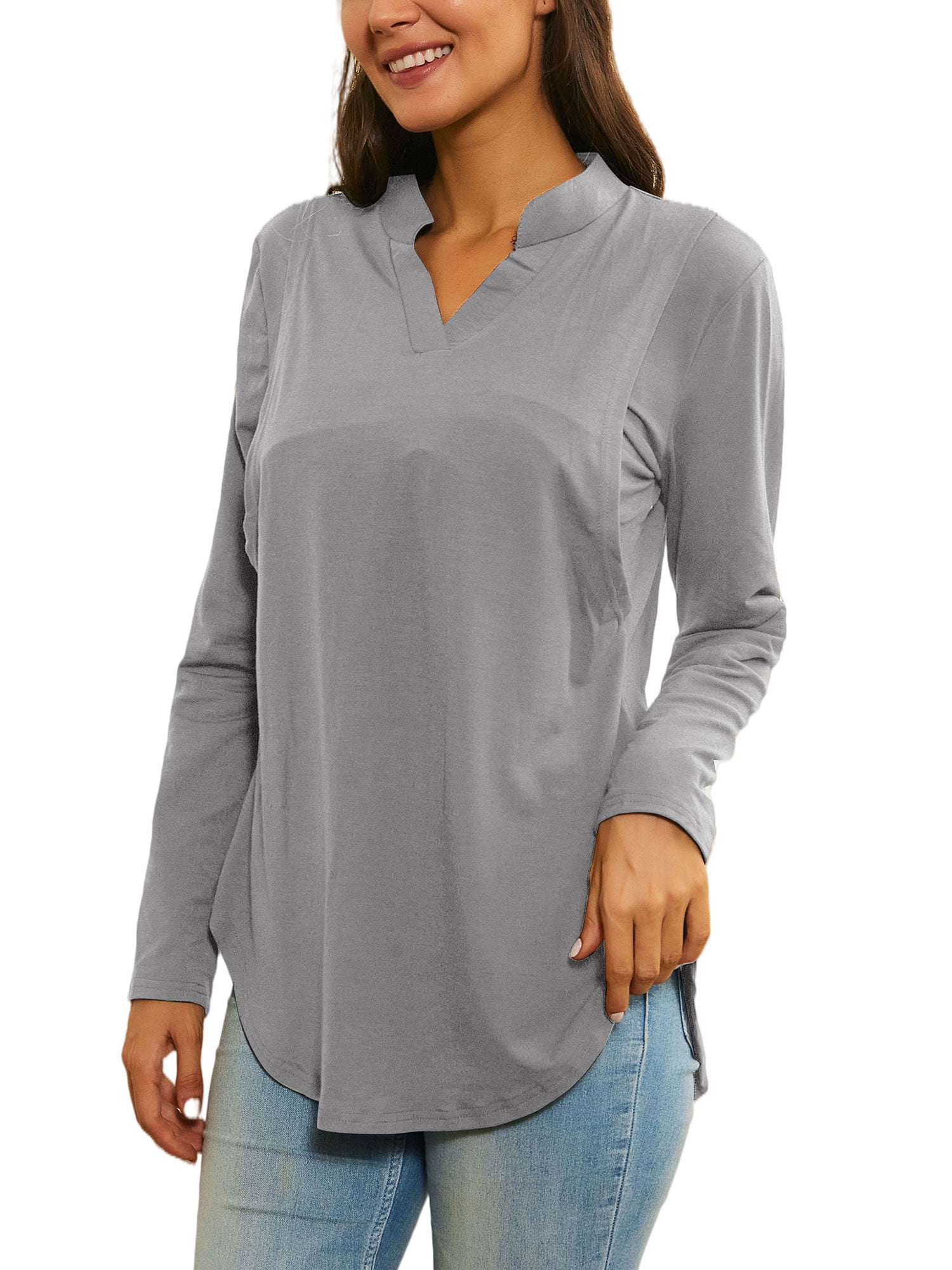 Womens Maternity Nursing Tunic Pregant V Neck Rolled Up Sleeve Double Layer Shirts Tops for Breastfeeding