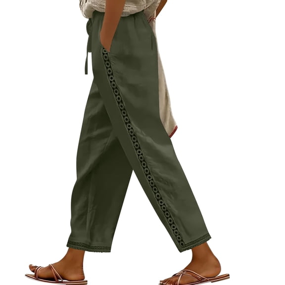 Gamivast Linen Pants Women Crochet Lace Insert Side Elastic Waist Beach Pants Summer Loose Fit Casual Pants Lightweight Breathable Vacation Wear