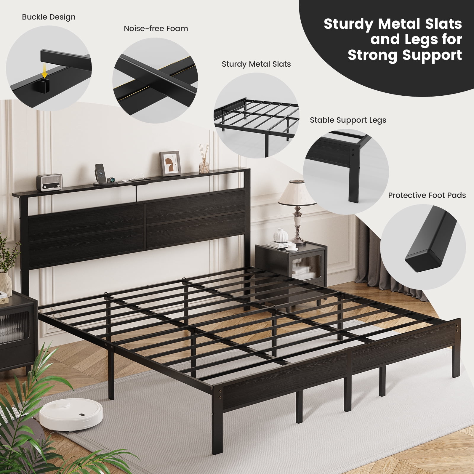 Kbun King Size Platform Bed Frame with Wood Headboard, Metal Bed Frame with LED Light, Heavy Duty Steel Slat Supported Full Bed Frames, No Box Spring Needed, Black