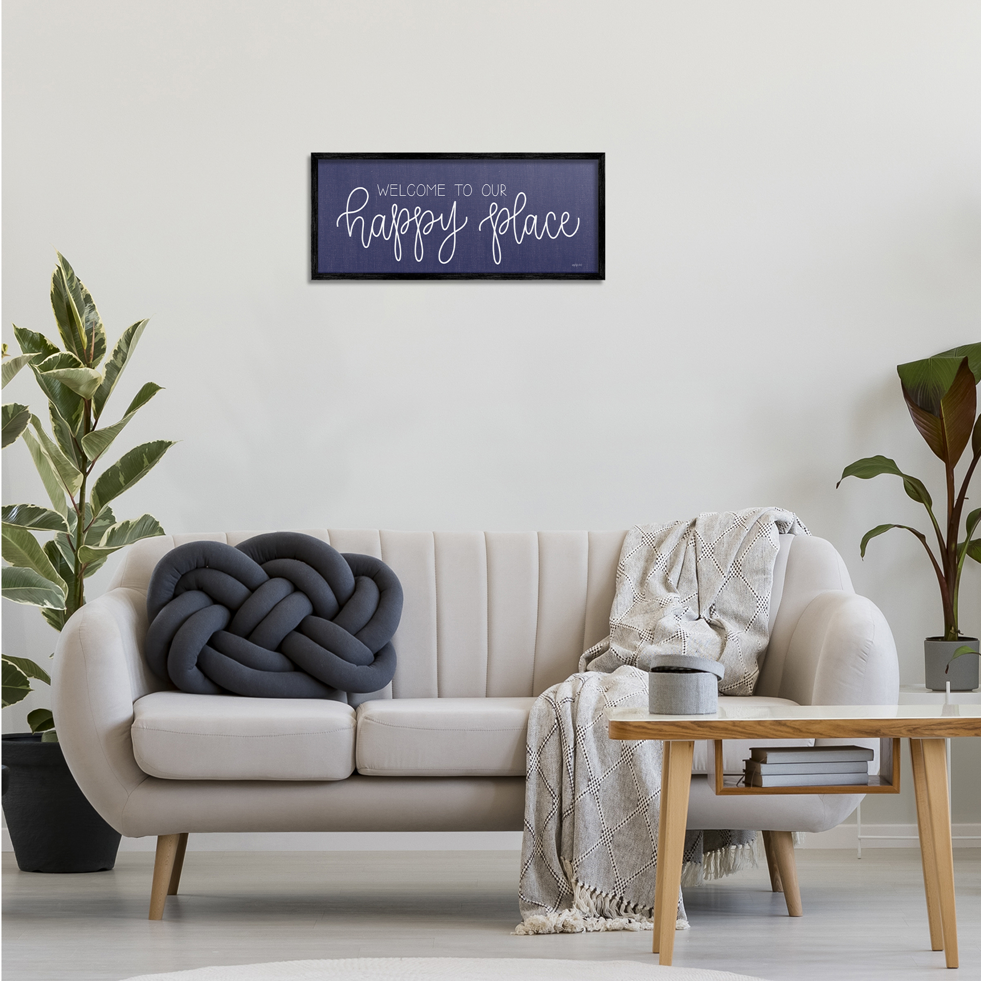 Stupell Industries Welcome Happy Place Typography Painting Black Framed Art Print Wall Art, 24 x 10
