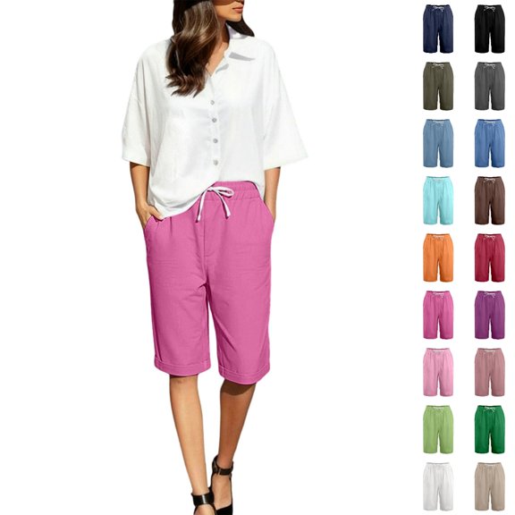 Bmisegm Womens Summer Shorts Casual Cropped Elastic Waist Solid Color Everyday Bottoms Shorts Women Hot Pink M