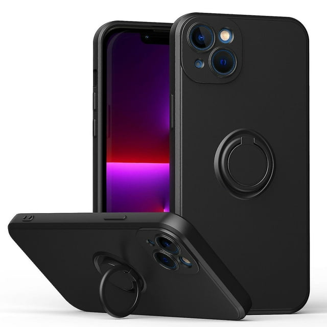 Funda de color sencillo para iPhone 14 Plus con soporte de anillo, placa metálica para carga magnética, diseño antigolpes y soporte giratorio de 360 grados.