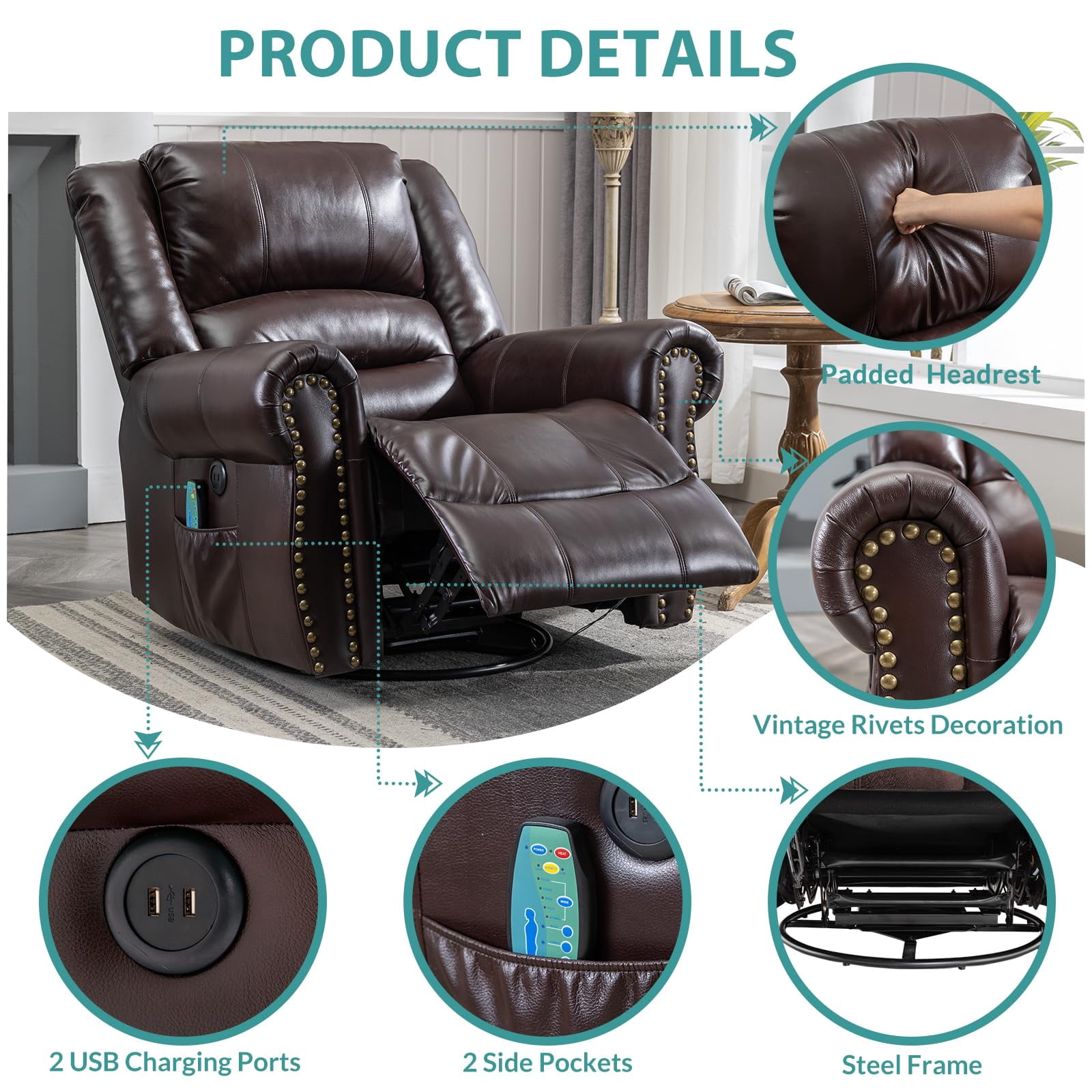 MEETWARM Massage Swivel Rocker Recliner with Heat and Vibration, Manual Glider Rocking Recliner Chair, 360°Swivel Lounge Reclining Chair with Remote Control/USB Ports for Living Room(Dark Brown)