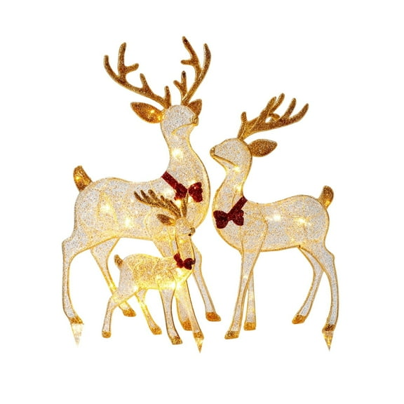 3-Piece 2D Lighted Christmas Deer Family Set -Large Outdoor Yard Reindeer Holiday Decoration with 145 LED Lights, Stakes, Acrylic - Gold