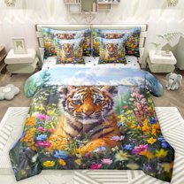 Manfei Safari Tiger Pattern 7pcs Bedding Comforter Set,Watercolor Daisy Flower Queen Bedding Sets,Colorful Scenery Queen Sheet Sets For Kids,Microfiber Bedroom Decor Reversible