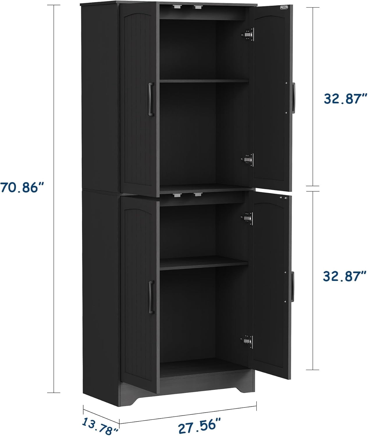 71" Tall Farmhouse Kitchen Pantry Cabinet – Freestanding Wooden Storage Cabinet with 4 Doors & Adjustable Shelves, Dining or Living Room Furniture, Black