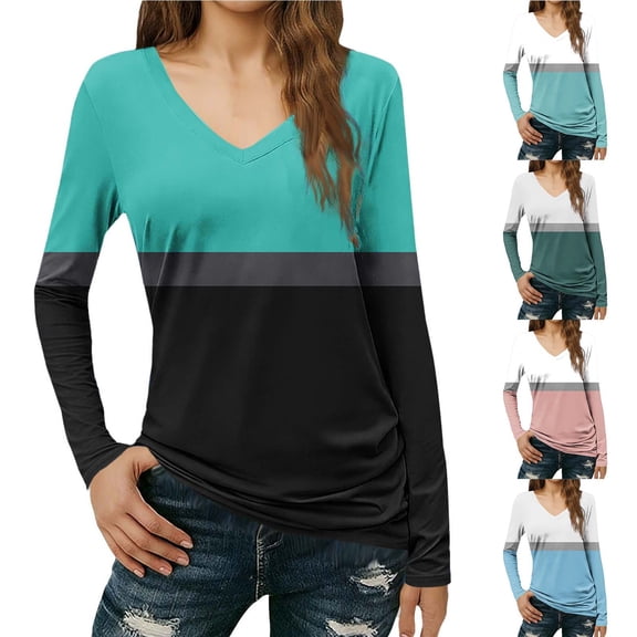 Fengqque Long Sleeve Color Blocking Shirts for Women V Neck T Shirts Slim Fit Tunic Tops Fashion Clothing Sky Blue XL(XL)