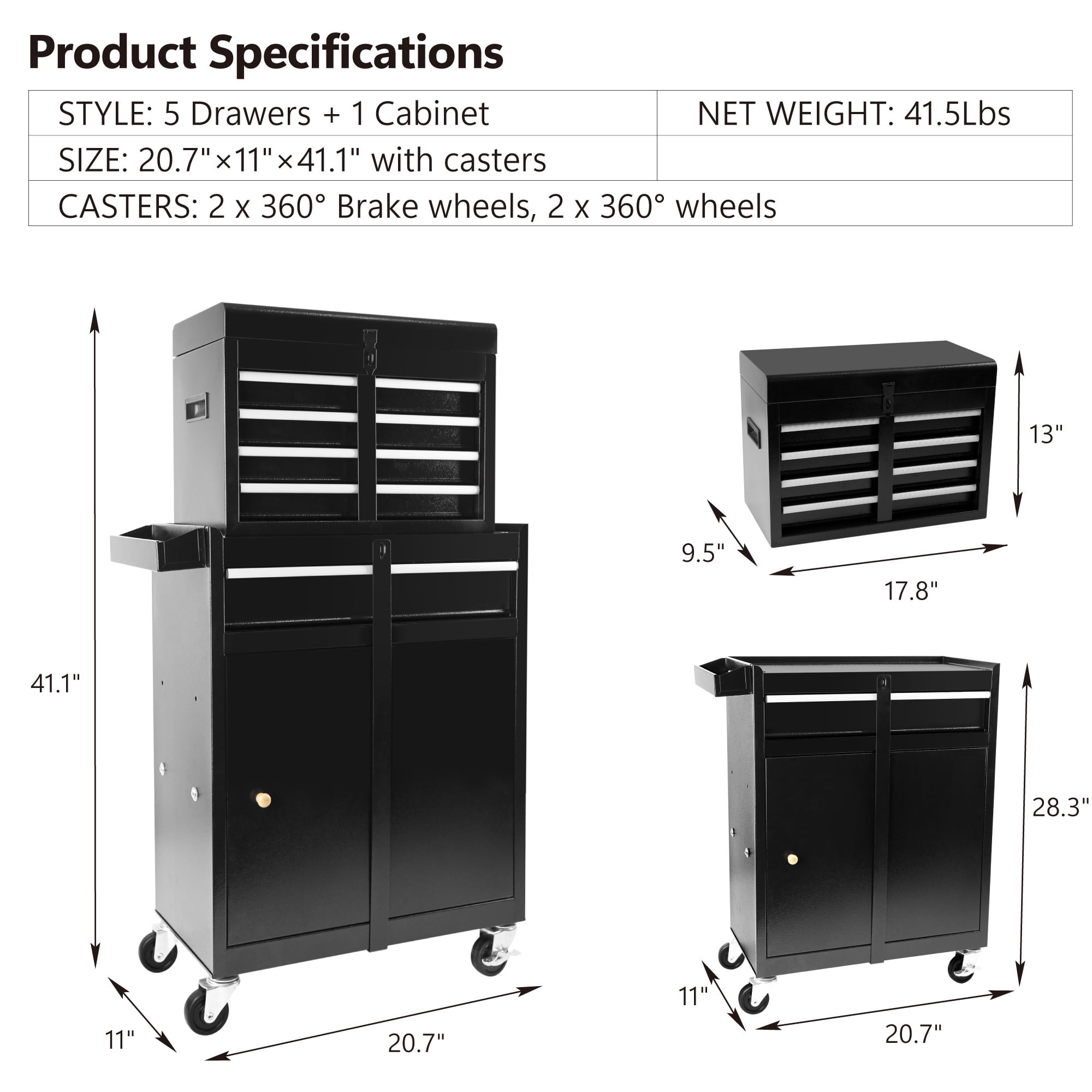 Tool Chest, 5-Drawer Rolling Tool Storage Cabinet with Detachable Top Tool Box