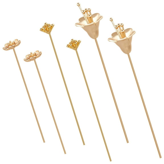 Brass Flower Shape Head Pins Real 18K Gold Plated 48~56.2mm 18pcs/set