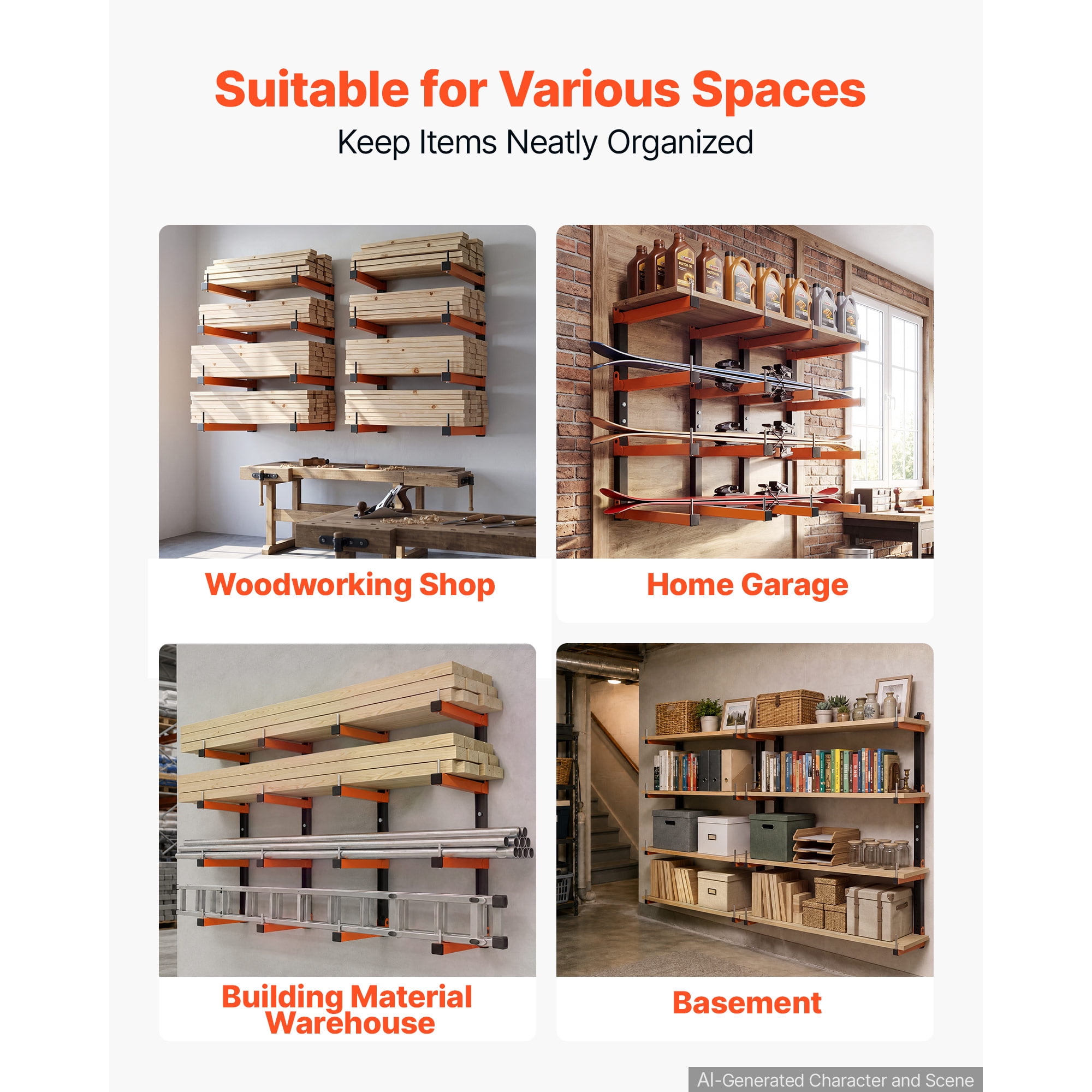 KFFKFF 4-Tier Lumber Rack,4-Pack with 110 lbs Capacity per Tier,Foldable Wall-Mounted Wood Storage for Garages,Workshops,Warehouses,Adjustable Cantilever Arms,Steel Construction,Orange & Black Design