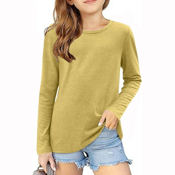 KidGT Girls Casual Long Sleeve T Shirts Basic Crewneck Solid Tunic Blouses Tops,2# Yellow,13 Years