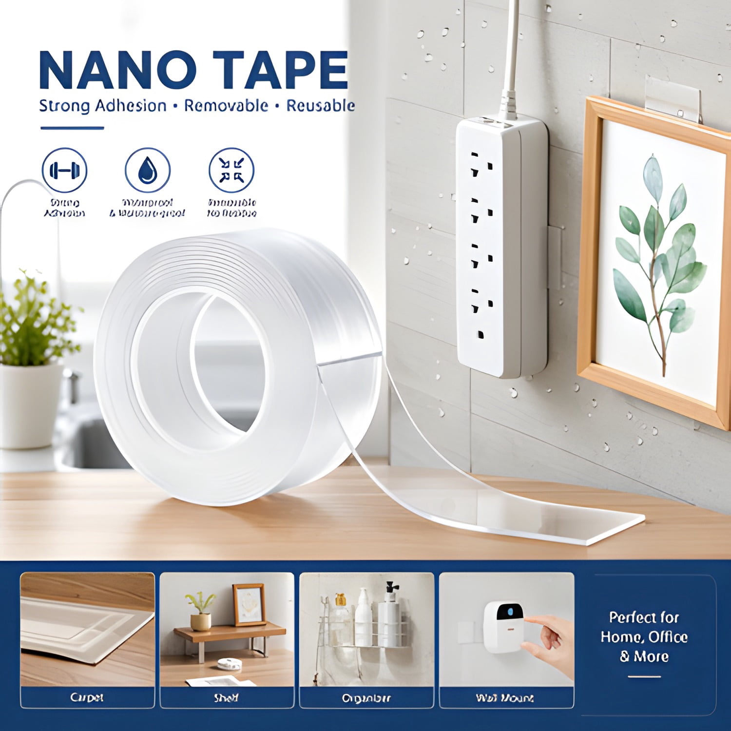 Double Sided Tape Heavy Duty, 16 ft Long Nano Mounting Tape, Strong Adhesive & Reusable, Clear Two Sided Wall Tape, Removable Poster Picture Hanging Strips for Home, Office, Car, Outdoor Use