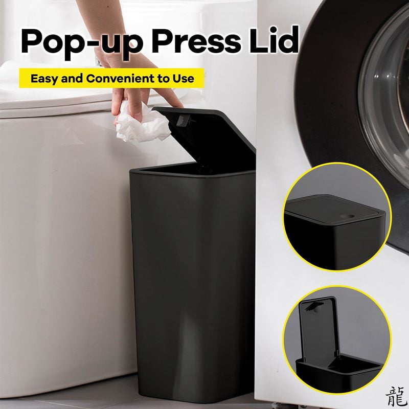 Bathroom Trash Can-10L Small Garbage Can with Press Top Lid for Toilet,Bedroom,Living Room – Plastic Wastebasket with Pop-up Lid