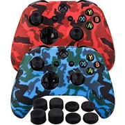 UUShop Silicone Rubber Cover Skin case Anti-Slip Water Transfer Customize Camouflage for Xbox One/S/X Controller x 2(red & Blue) + FPS PRO Extra Height Thumb Grips x 8