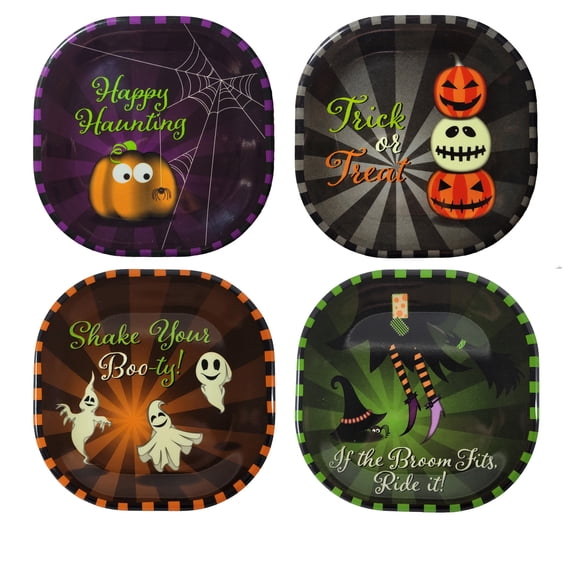 Kane Halloween 8 inch Melamine Appetizer Plates, Set of 4, Pumpkins, Witch, Ghosts