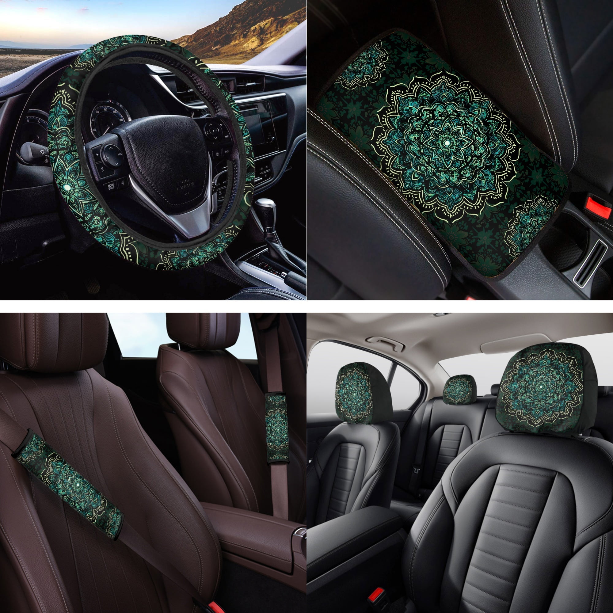 Jeiento Boho Mandala Flower Car Seat Covers Full Set Steering Wheel Cover Safe Belt Pads Coasters Center Console Cover Head Rest Covers Green Set of 14 Interior Automobile Accessories