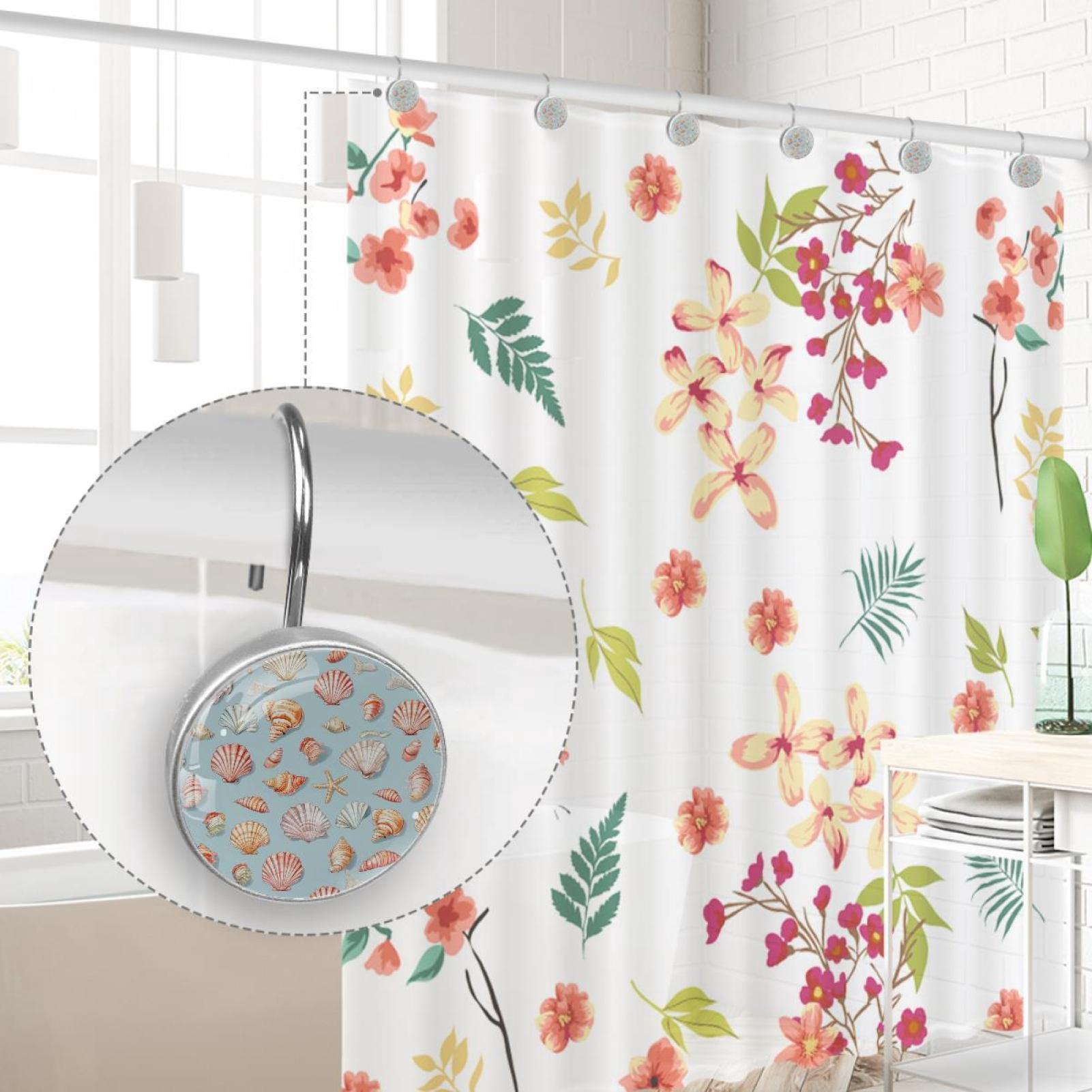Colored Shells and Conches Shower Curtain Hooks Round Crystal Glass, Set of 12 Shower Curtain Rings - Shower Hooks for Curtain Shower Rings