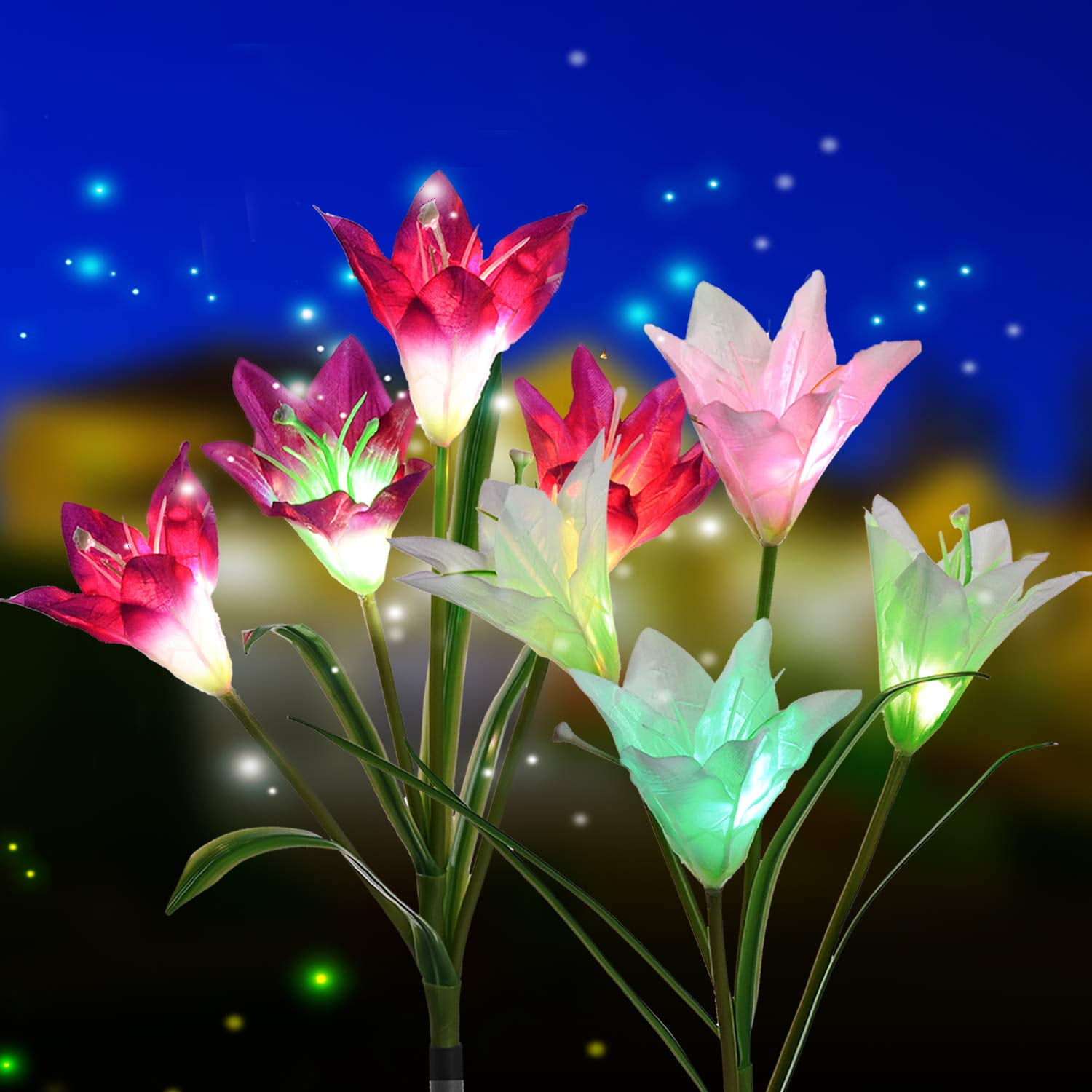 02Pcs LED Solar Powered Flowers Color Changing Stake Lights Yard Garden Decor. 